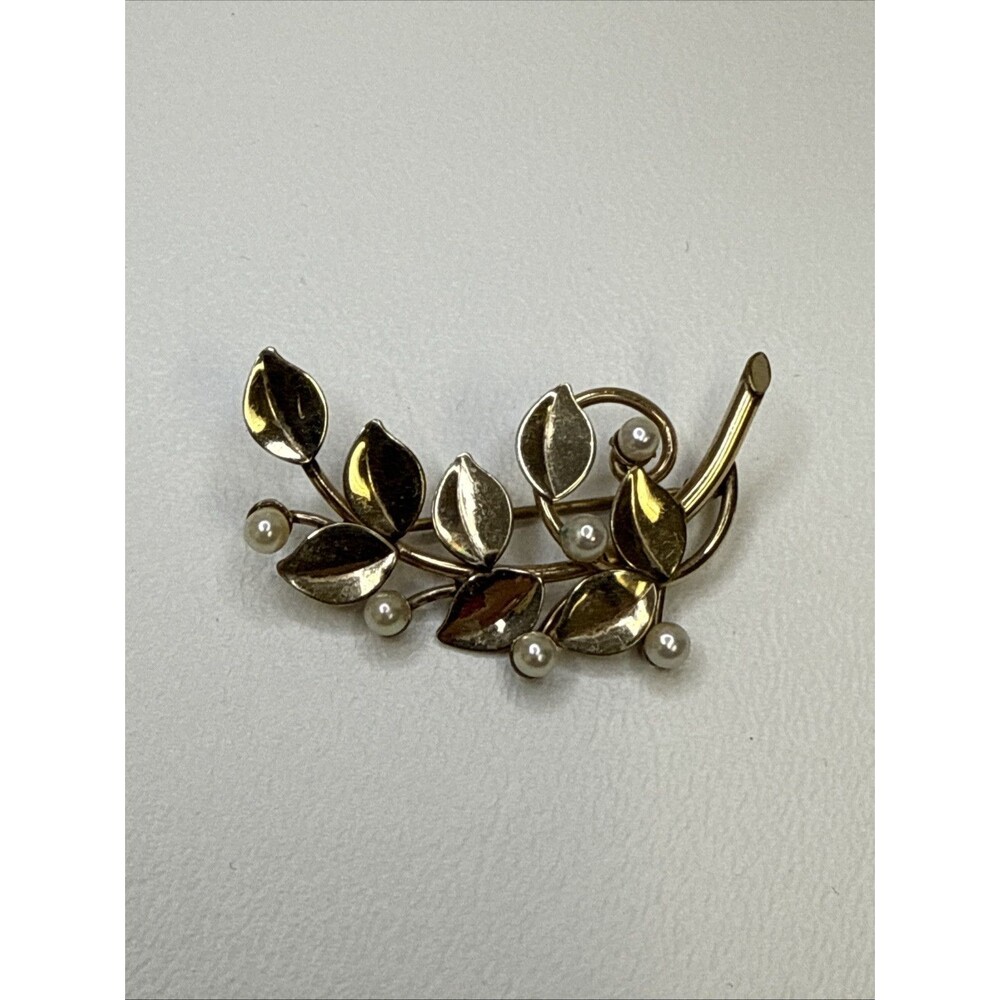 Carl Art 12K Gold Filled Faux Pearls & Leaf Branch Brooch Pin Vintage